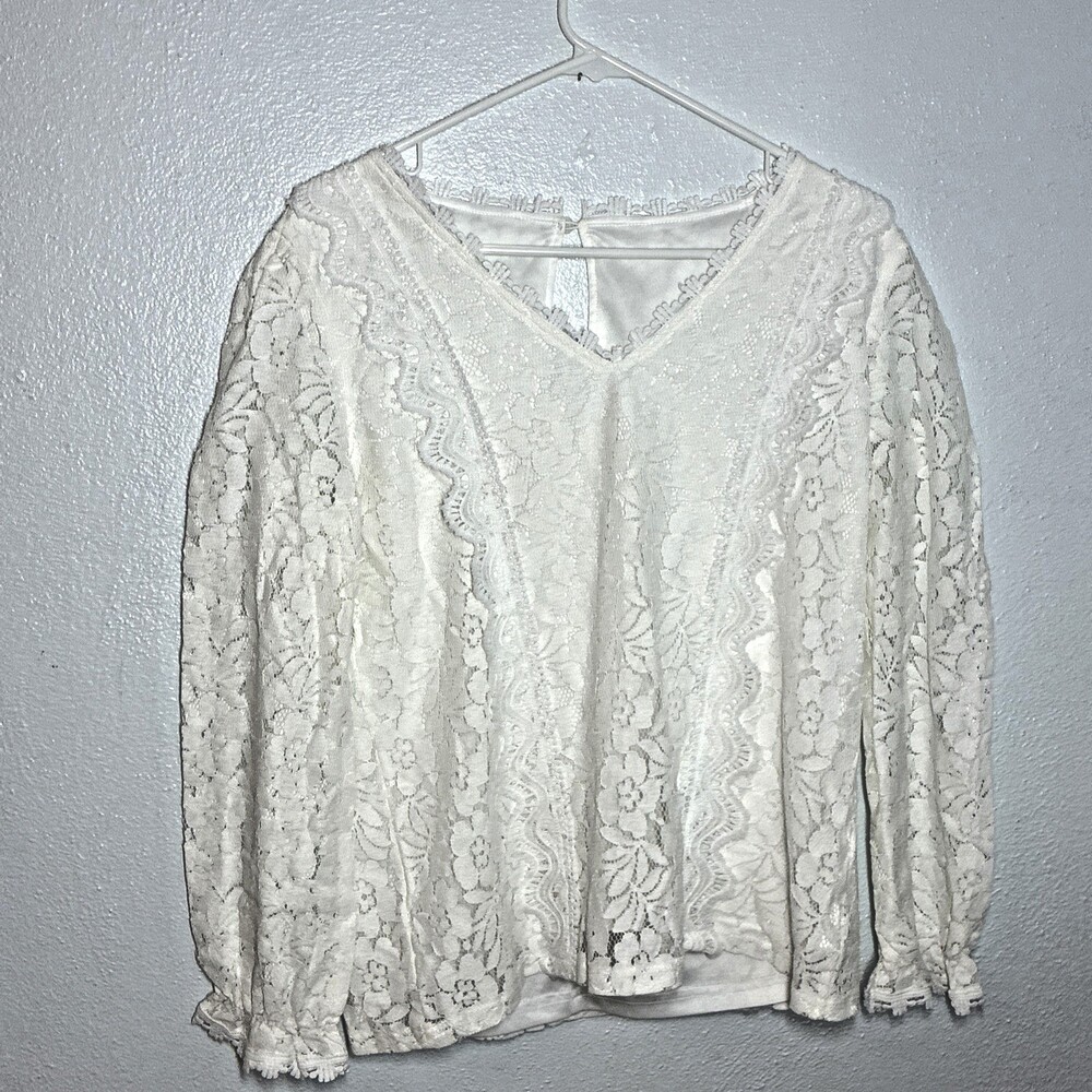 Floral Lace V-Neck Pullover Blouse Womens Medium Cream Long Sleeve Top (N8)
